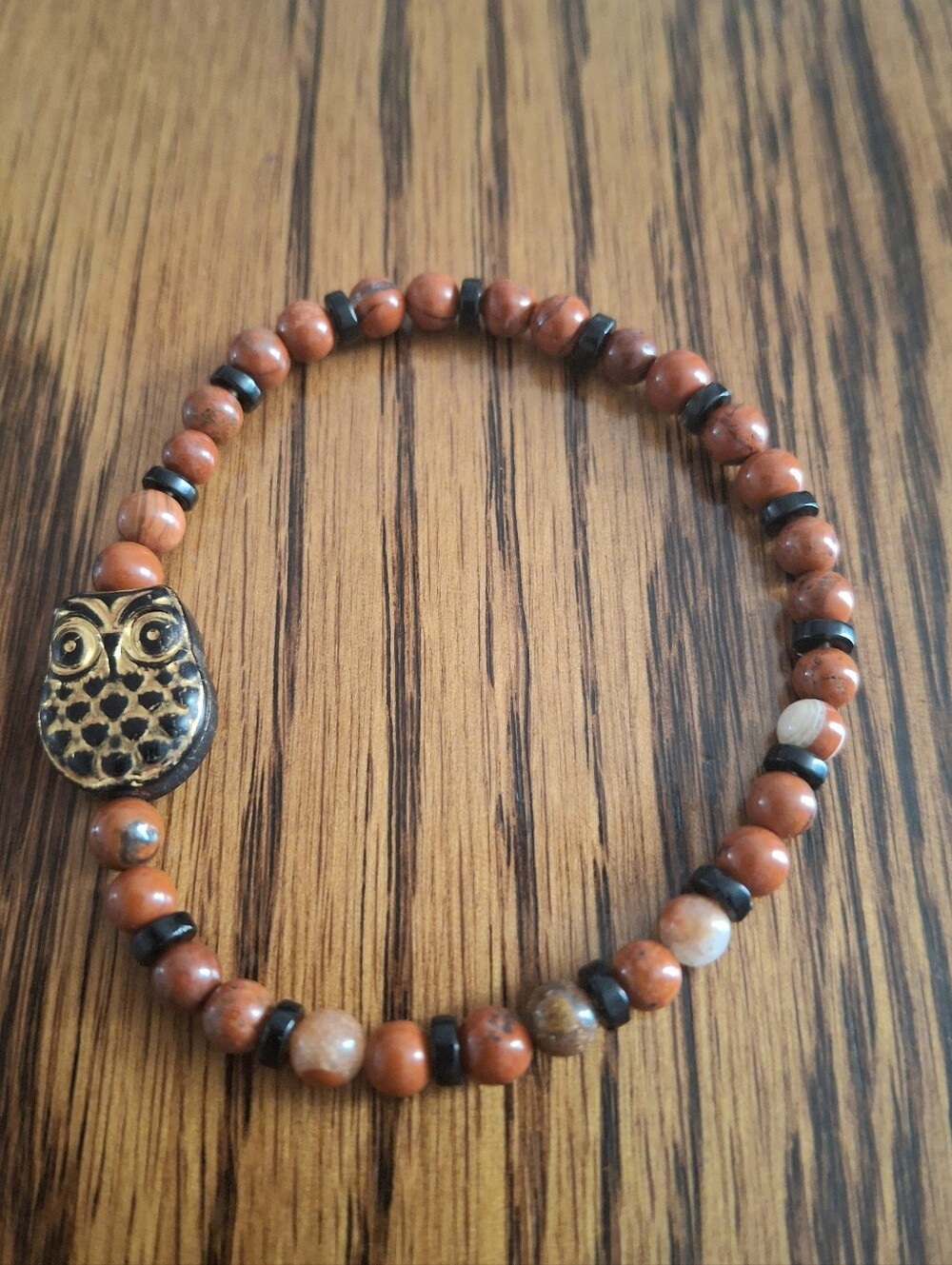 Red Jasper And Black Obsidian Natural Gemstone Stretch Bracelet 6.5"